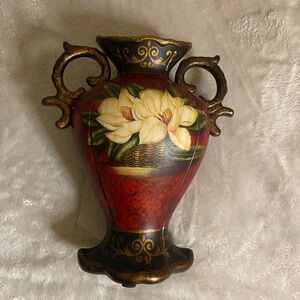 Elegant Red and Gold Floral Vase, pottery/clay/plaster? Great condition